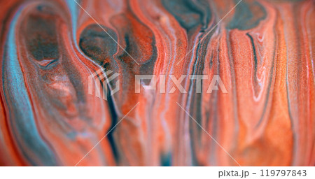 Sparkling paint spill. Fluid splash. Blur red orange blue color sparkling particles texture ink drip cascade abstract art background. 119797843