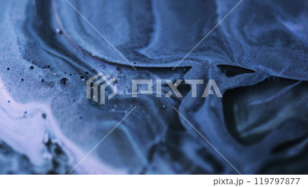 Fluid glitter drip. Bubble paint spill. Defocused blue black white color wet shimmer oil emulsion flow abstract art background. 119797877