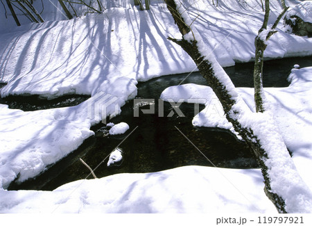 雪の積もった小川 119797921