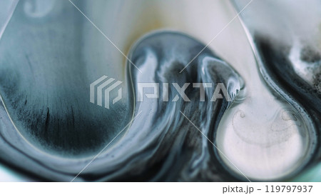 Oil fluid drop. Bubble paint spill. Defocused blue black white color particles texture ink emulsion flow abstract art background. 119797937