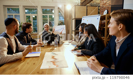 Woman in hijab presenting chart to colleagues listen attentively around wooden table in well-lit office. Woman in hijab presenting chart to colleagues listen attentively around wooden table in well-lit office. 119798046