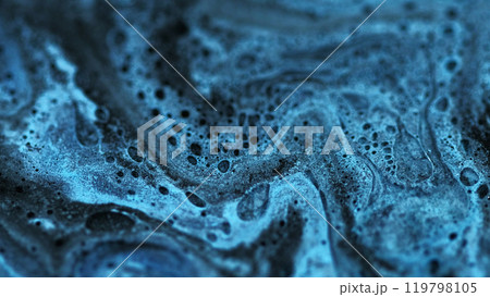Shiny gel flow. Shimmering fluid spill. Defocused sparkling blue liquid with black bubbles particles ink emulsion abstract background. 119798105