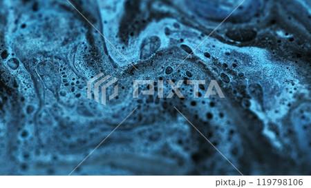 Oil fluid. Shimmering paint spill. Defocused sparkling blue ink water with black bubbles particles texture abstract ink emulsion. 119798106