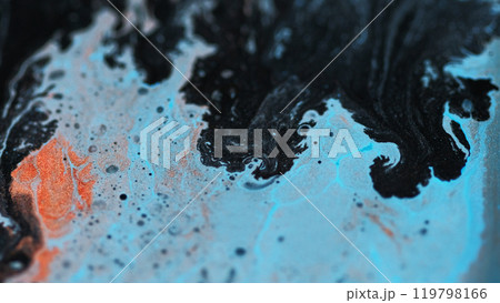 Ink glitter liquid texture. Sparkling blue black fluid drips spills orange paint wave shimmering emulsion flows abstract background. Ink glitter liquid texture. Sparkling blue black fluid drips spills orange paint wave shimmering emulsion flows abstract background. 119798166