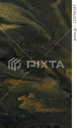 Glitter gel paint. Ink background. Sparkling liquid flow acrylic gold shimmering black mix hypnotic mystical abstract emulsion texture. 119798167