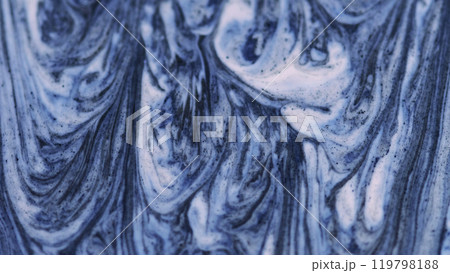 Paint flow. Marble ink. Defocused blue white color dripping dense layer liquid flowing striped oil lines waves smooth emulsion abstract art background. 119798188