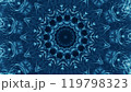 Symmetrical blue kaleidoscope design with intricate geometric shapes abstract artwork art illustration background. 119798323