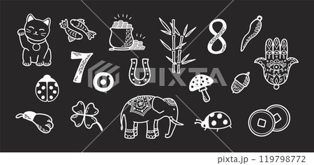 Good Luck Symbols Set. Asian and European talismans and charms contour vector illustration. Symbols of success and prosperity Good Luck Symbols Set. Asian and European talismans and charms contour vector illustration. Symbols of success and prosperity 119798772
