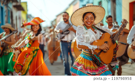 Festive street scene with smiling people in traditional Mexican clothing singing and dancing Festive street scene with smiling people in traditional Mexican clothing singing and dancing 119798958