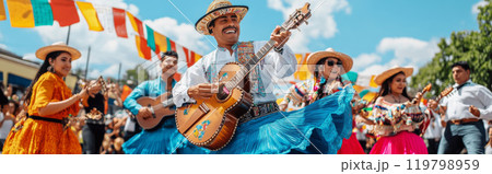 Festive street scene with smiling people in traditional Mexican clothing singing and dancing Festive street scene with smiling people in traditional Mexican clothing singing and dancing 119798959