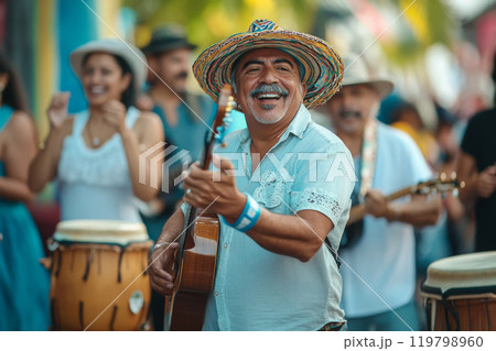 Festive street scene with smiling people in traditional Mexican clothing singing and dancing Festive street scene with smiling people in traditional Mexican clothing singing and dancing 119798960