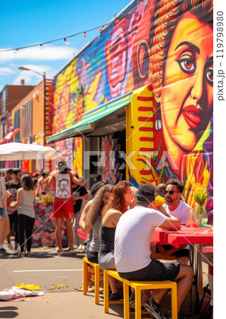 Colorful national hispanic heritage month market street with traditional decorations and people 119798980