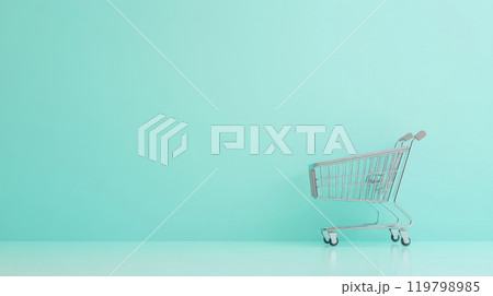 Shopping cart on light blue background, concept of online shopping 119798985
