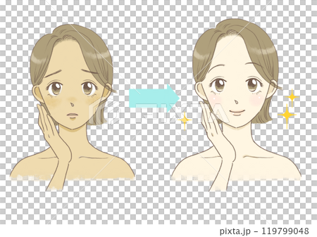 地黒に悩む女性のイラスト　美白　ビフォーアフター 119799048