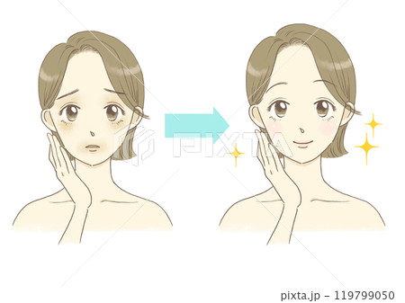顔のくすみに悩む女性のイラスト　ビフォーアフター 119799050