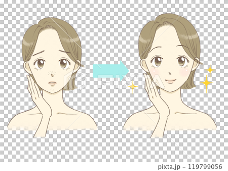 Illustration of a woman suffering from rough skin, pores, before and after Illustration of a woman suffering from rough skin, pores, before and after 119799056