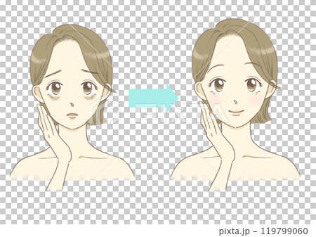 目の下のクマに悩む女性のイラスト　ビフォーアフター 119799060