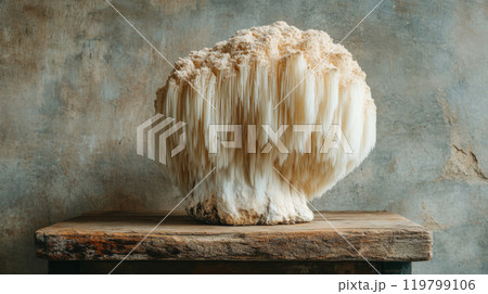 Lion's mane mushroom on wooden table in rustic background 119799106