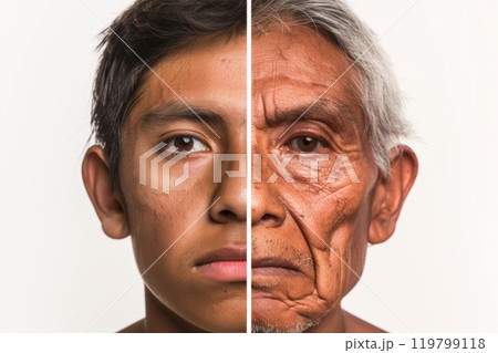 Split portrait of young and elderly Mexican man for concept of aging 119799118