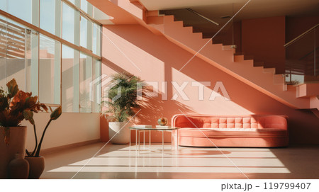 Modern pink lounge with a sofa, plants, and sunlight in a stylish interior 119799407