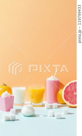 Glasses of colorful fruit smoothies with berries and sugar cubes, unhealthy concept of sugar harm 119799433