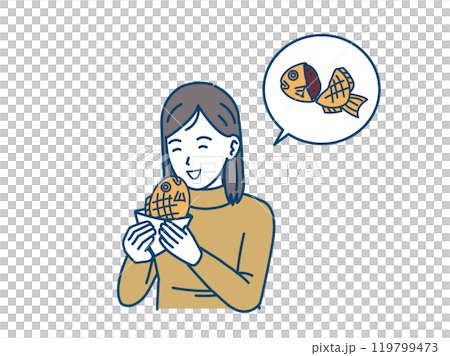 一名年輕女子走來走去吃鯛魚燒的插圖 119799473