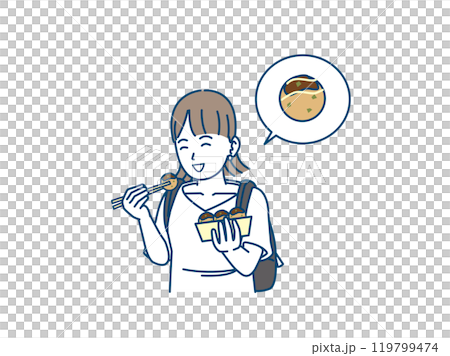 一位年輕女子走來走去吃章魚燒的插圖 119799474
