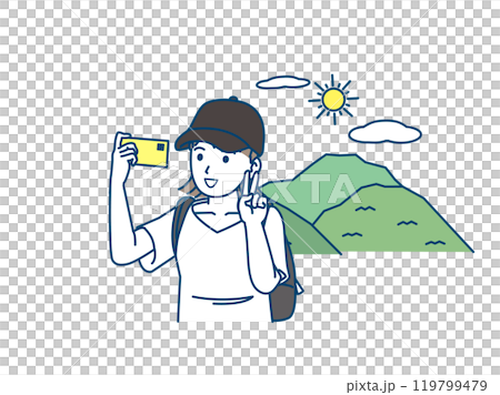 Illustration of a young woman hiking, climbing and taking a selfie with her smartphone 119799479