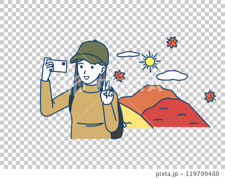 Illustration of a young woman hiking, climbing and taking a selfie with her smartphone Illustration of a young woman hiking, climbing and taking a selfie with her smartphone 119799480
