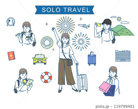 夏旅、一人旅を楽しむ若い女性のイラストセット 119799481