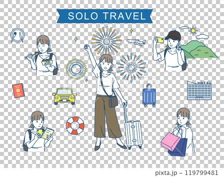 Summer trip, illustration set of a young woman enjoying solo travel 119799481