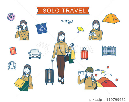 秋旅、一人旅を楽しむ若い女性のイラストセット 119799482