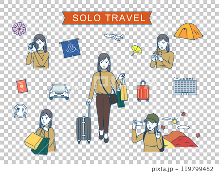 秋旅、一人旅を楽しむ若い女性のイラストセット 119799482