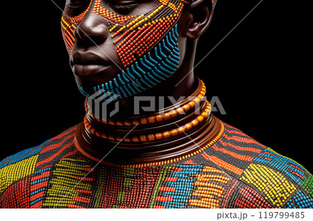 African shirtless man with vibrant face paint and ethnic jewelry 119799485