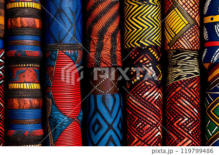 An array of fabric rolls adorned with intricate and colorful African designs 119799486