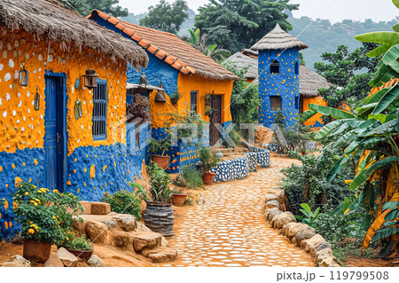 Artistic depiction of an African village with traditional mud houses 119799508