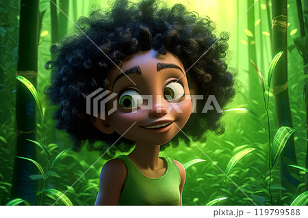 A charming cartoon African girl with striking green eyes 119799588