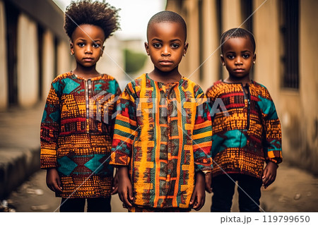 Group of aboriginal or indigenous people of Africa adorned in colorful ethnic attire. 119799650