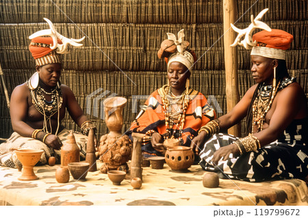 Group of aboriginal or indigenous people of Africa adorned in colorful ethnic attire. 119799672