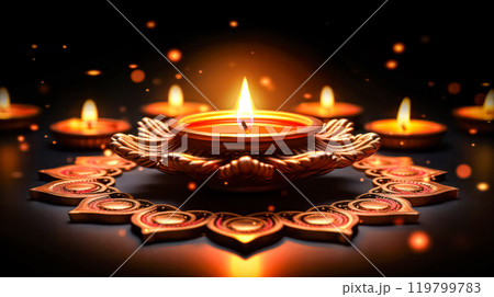 Illuminate your Diwali celebration with the warm glow of traditional diya lamps 119799783