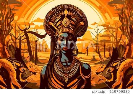 African woman donning a traditional tribal mask 119799889