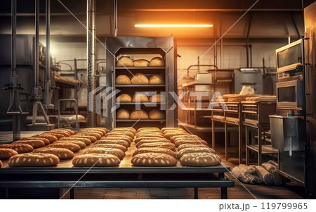 Step into the heart of the bakery, capturing the essence of bread and buns baking. 119799965