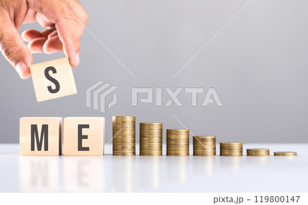 Hand stacking coins with 'SME' written on a wooden block and more coins on the table. Represents financial growth of small and medium-sized enterprises, emphasizing investment and money management Hand stacking coins with 'SME' written on a wooden block and more coins on the table. Represents financial growth of small and medium-sized enterprises, emphasizing investment and money management 119800147