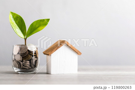 Glass jar filled with coins and a small seedling in the center, with stacked coins arranged from smallest to largest and a wooden house model on a table. Saving for house and financial growth 119800263