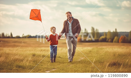 a little son and father bond over flying a kite a little son and father bond over flying a kite 119800890