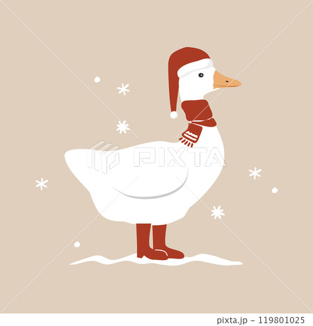 Cute funny cartoon goose in red scarf, Santa Claus hat and boots. Merry Christmas character. Vector isolated illustration 119801025