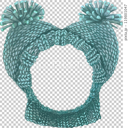 Cat green hat knitted with ears. Watercolor illustration 119801047