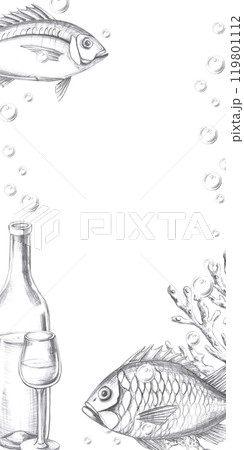 Vertical blank for menu or bar card of seafood restaurant with fish and bottle of wine. Isolated pencil graphic illustration for postcards, invitations to sea party 119801112