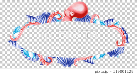 Oval frame with octopuses and shells. Isolated illustration on the theme of the underwater world for textile design, tableware, holidays with a marine theme, printing, restaurants Oval frame with octopuses and shells. Isolated illustration on the theme of the underwater world for textile design, tableware, holidays with a marine theme, printing, restaurants 119801129