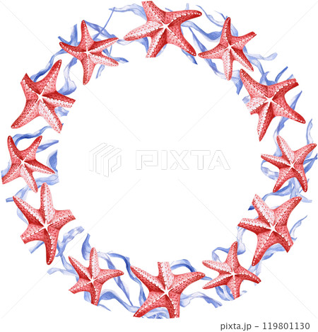 Round frame with starfish and seaweed. Isolated illustration on the theme of the underwater world for textile design, tableware, holidays with a marine theme, printing, restaurants 119801130